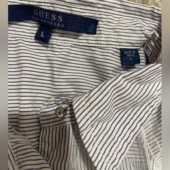 GUESS Striped Sheer Long Sleeve Button Down Western Shirt Sz Lg Pearl Snap Lace - Picture 12 of 12